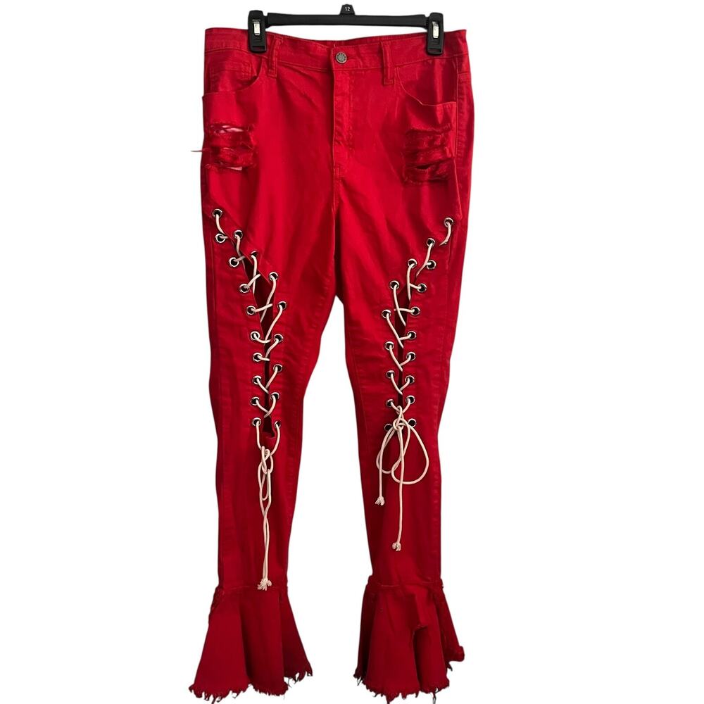 Loverly Fit Pants Womens 15 Red Lace-Up Front Ruffle Flare Hem Distressed Plus